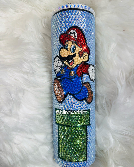 Super Mario World Crystal Bling Skinny Insulated Metal Rhinestone Tumbler Sippy Cup