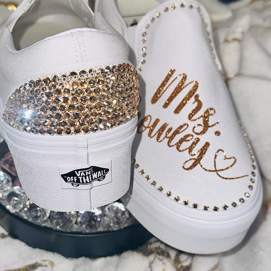 Custom Crystal Border Bling Vans Women’s Classic Slip-Ons - Bling Addict