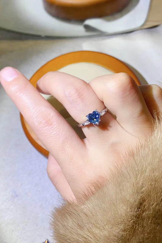 Blue Serenade | 1 Carat Blue Heart-Shaped Moissanite Ring | Platinum-Plated 925 Sterling Silver - Bling Addict