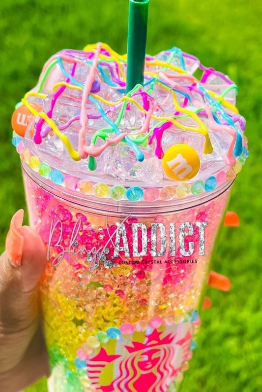 The ORIGINAL M&M Neon Rainbow Crystal Crush Starbucks Tumbler - Bling Addict