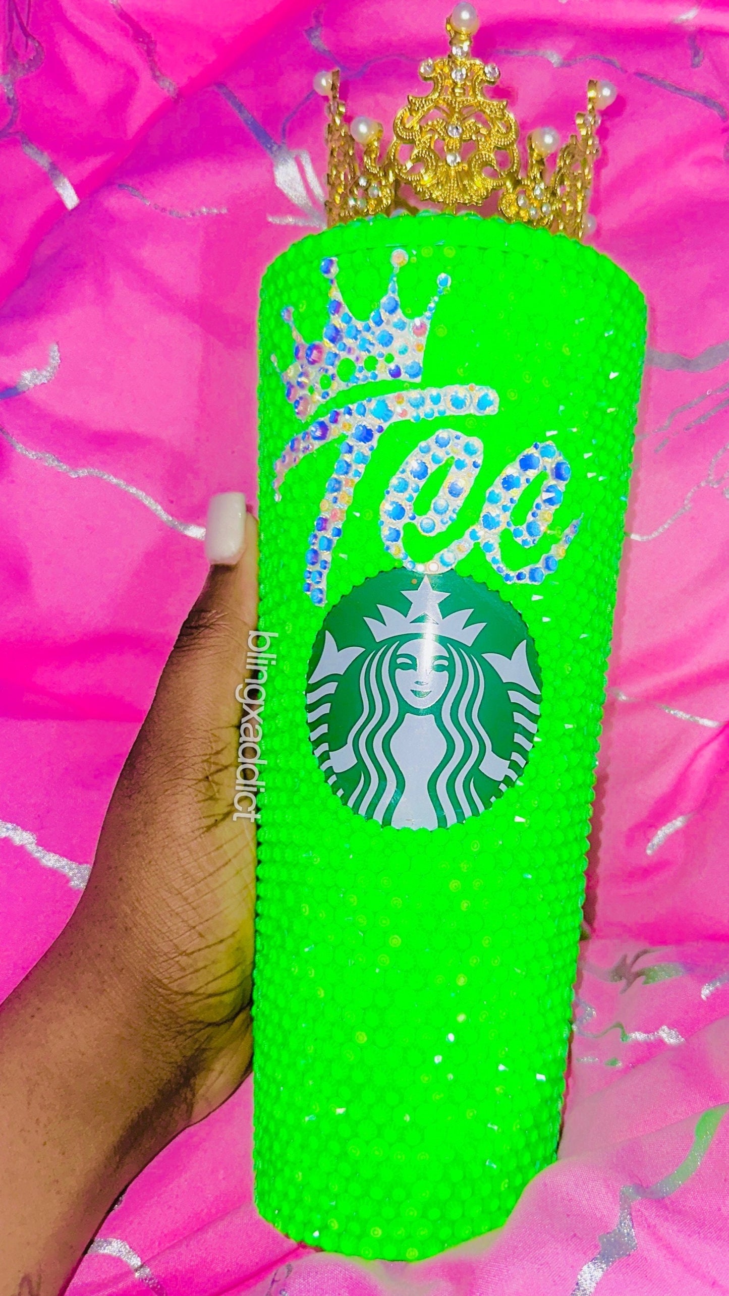 Queen Tingz - Neon Green Crown Crystal Starbucks Tumbler Cup