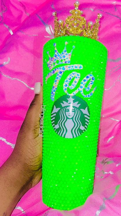 Queen Tingz - Neon Green Crown Crystal Starbucks Tumbler Cup