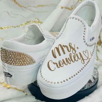 Custom Crystal Border Bling Vans Women’s Classic Slip-Ons