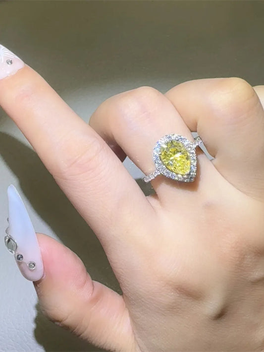 Golden Teardrop 2 Carat Yellow Moissanite Teardrop Ring | Platinum-Plated 925 Sterling Silver Halo Ring - Bling Addict