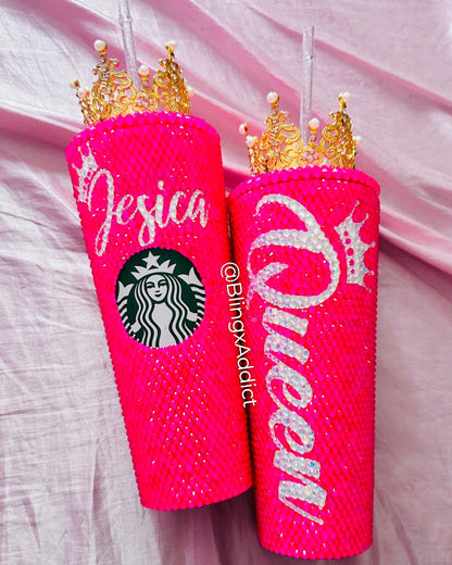 Queen Tingz Tumbler: Neon Pink Crystal Bling Cup with Crown & Straw
