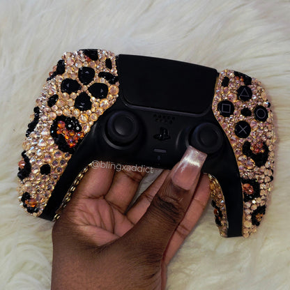Leopard Print Luxe Bling DualSense PS5 Controller | Bedazzled Bling Playstation Gaming Controller