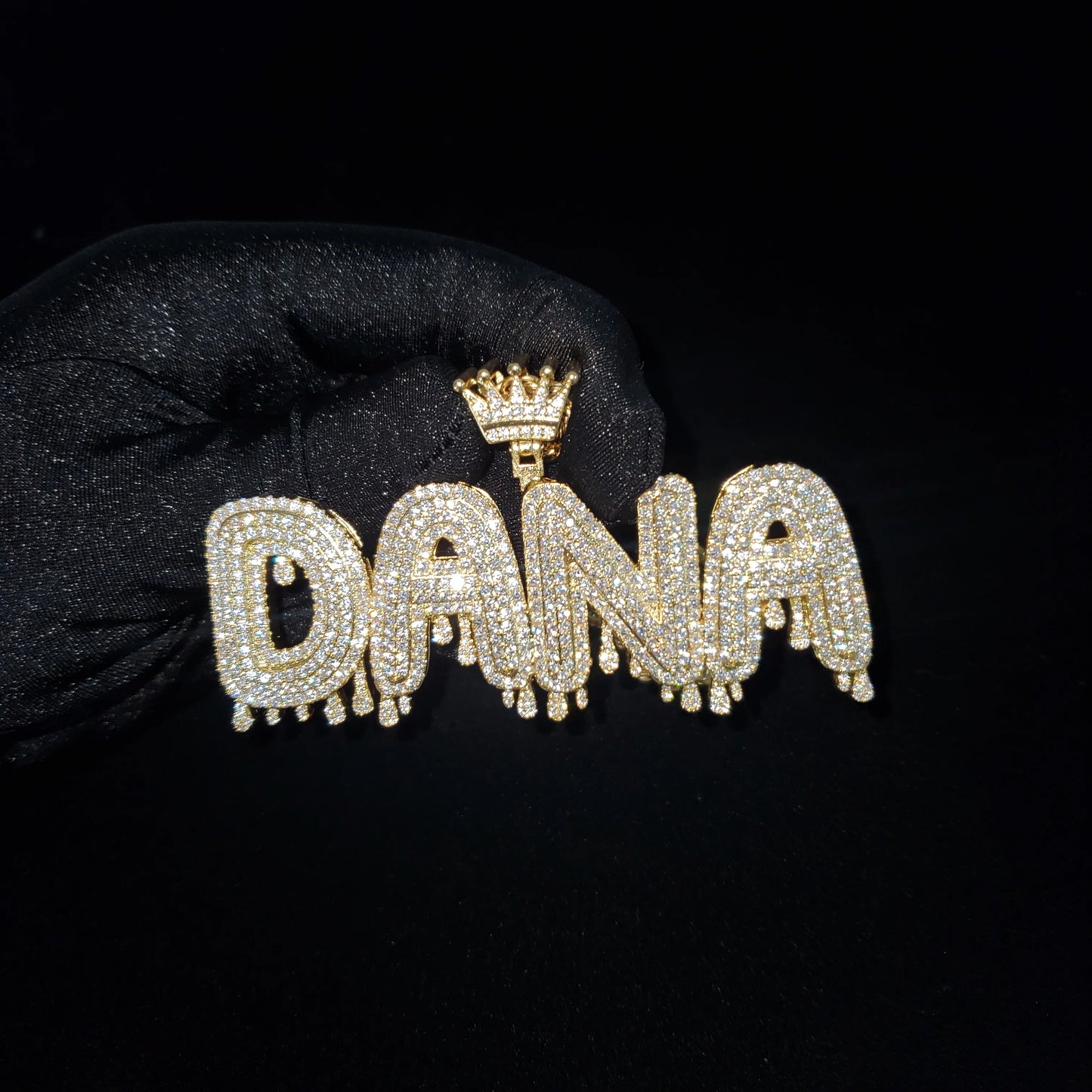 Royal Drip | Custom Name Crown Bail Drip Bubble Letter Pendant Necklace – Personalized Hip Hop Bling Gift