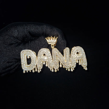 Royal Drip | Custom Name Crown Bail Drip Bubble Letter Pendant Necklace – Personalized Hip Hop Bling Gift
