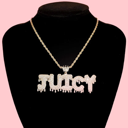 Royal Drip | Custom Name Crown Bail Drip Bubble Letter Pendant Necklace – Personalized Hip Hop Bling Gift