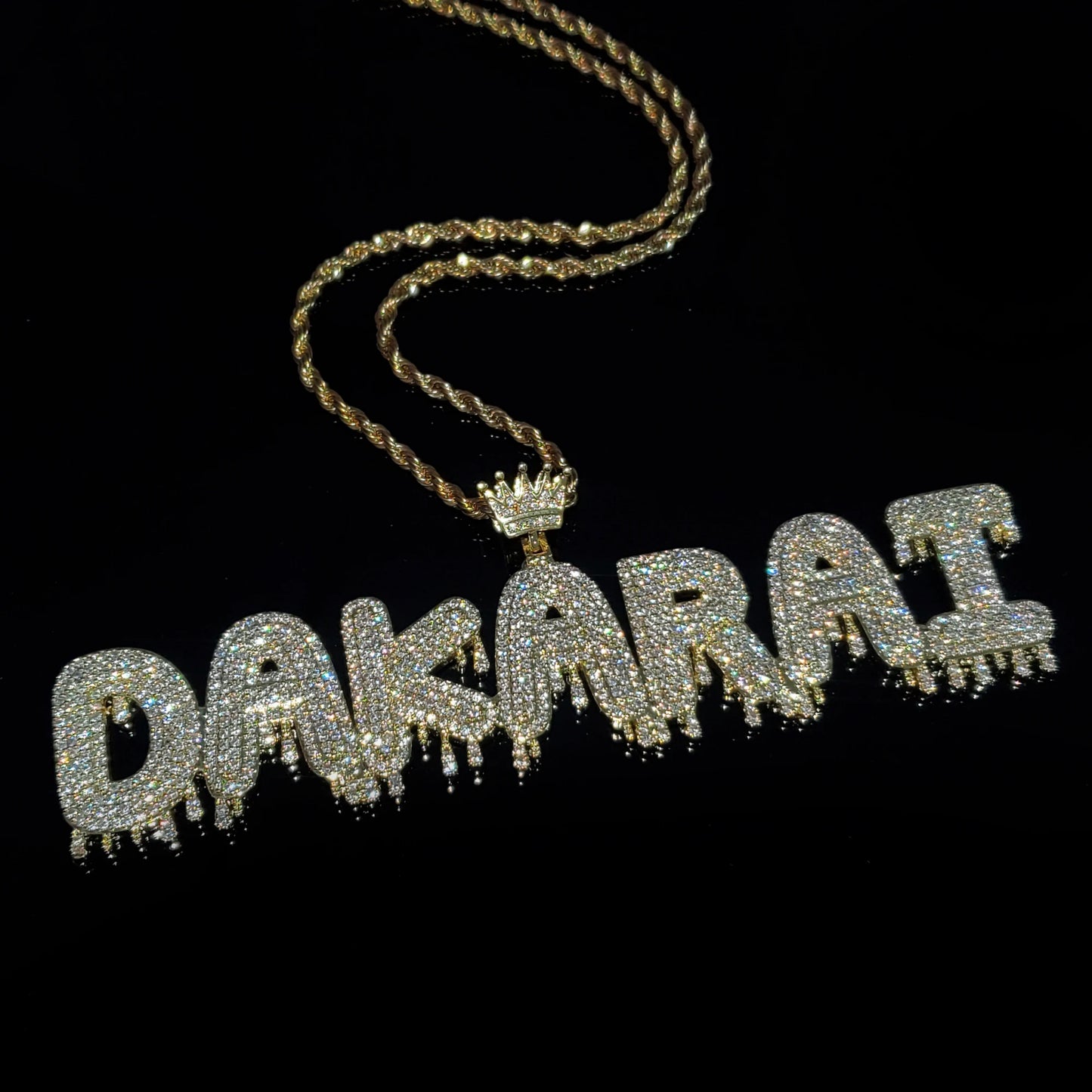 Royal Drip | Custom Name Crown Bail Drip Bubble Letter Pendant Necklace – Personalized Hip Hop Bling Gift