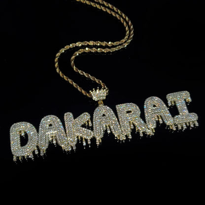 Royal Drip | Custom Name Crown Bail Drip Bubble Letter Pendant Necklace – Personalized Hip Hop Bling Gift