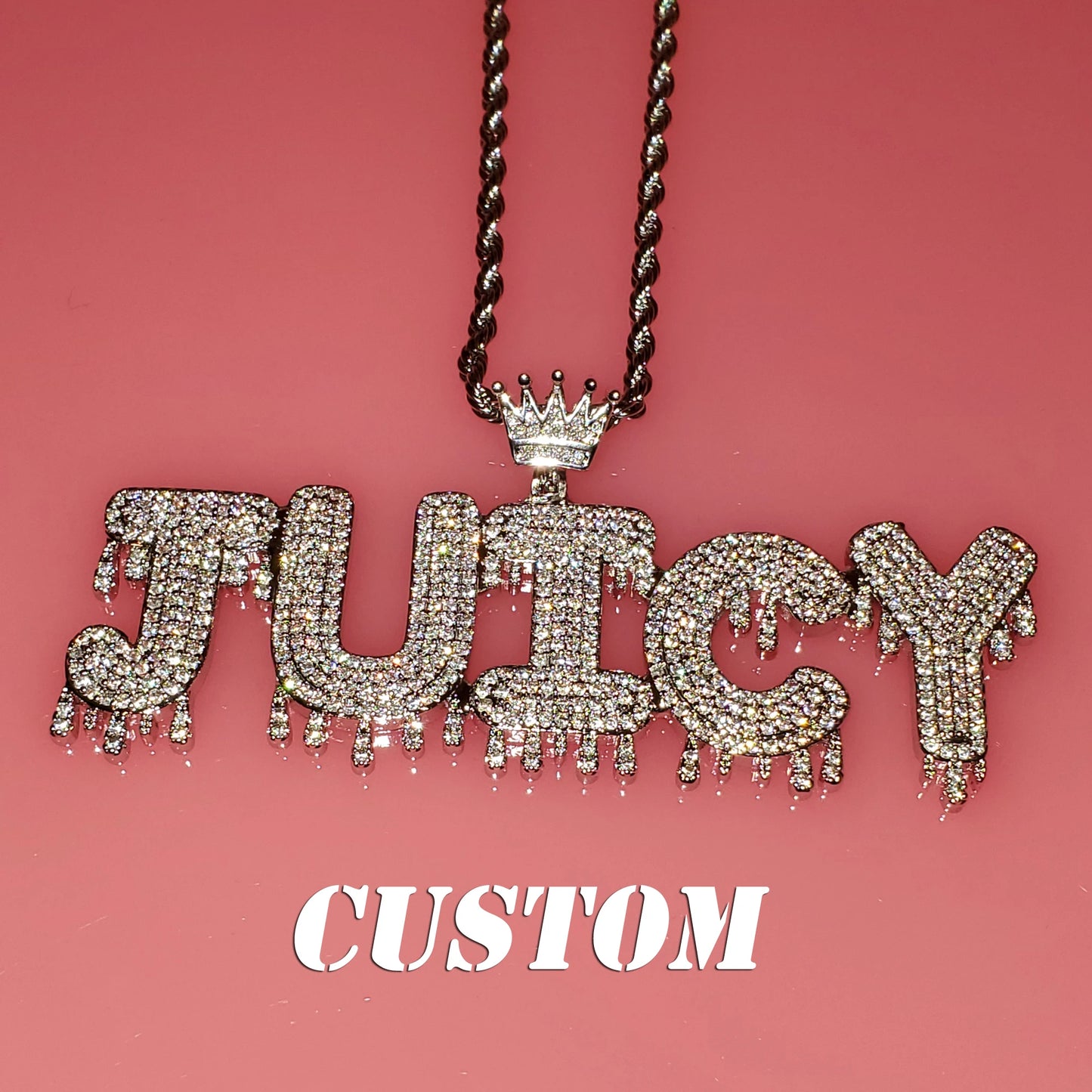 Royal Drip | Custom Name Crown Bail Drip Bubble Letter Pendant Necklace – Personalized Hip Hop Bling Gift