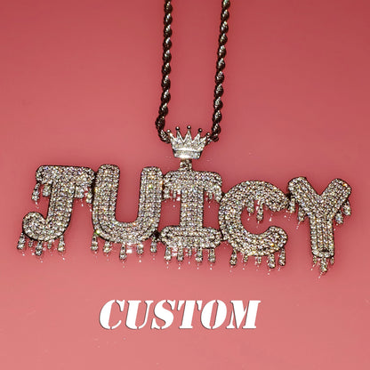 Royal Drip | Custom Name Crown Bail Drip Bubble Letter Pendant Necklace – Personalized Hip Hop Bling Gift
