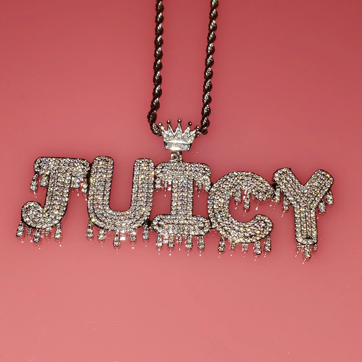 Royal Drip | Custom Name Crown Bail Drip Bubble Letter Pendant Necklace – Personalized Hip Hop Bling Gift