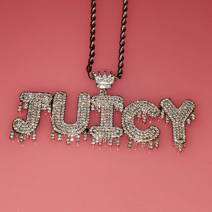 Royal Drip | Custom Name Crown Bail Drip Bubble Letter Pendant Necklace – Personalized Hip Hop Bling Gift