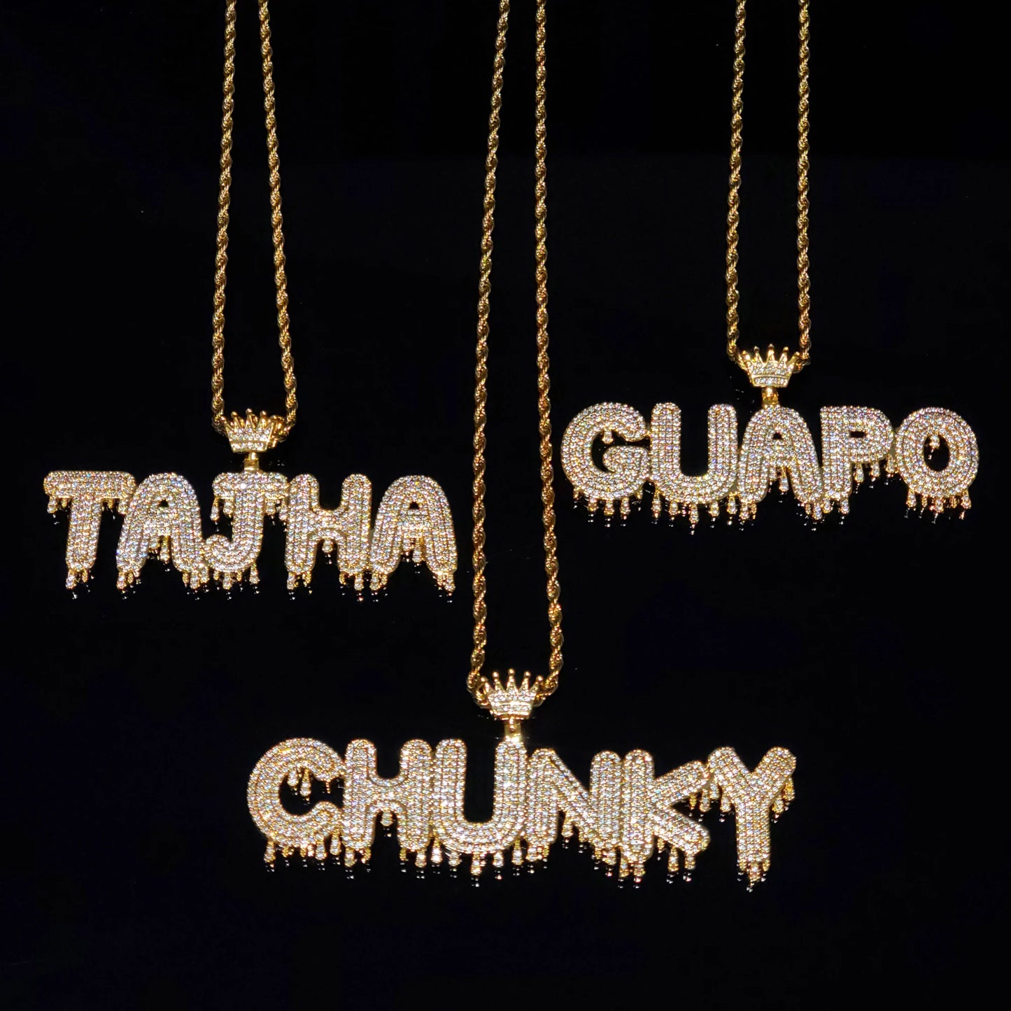 Royal Drip | Custom Name Crown Bail Drip Bubble Letter Pendant Necklace – Personalized Hip Hop Bling Gift