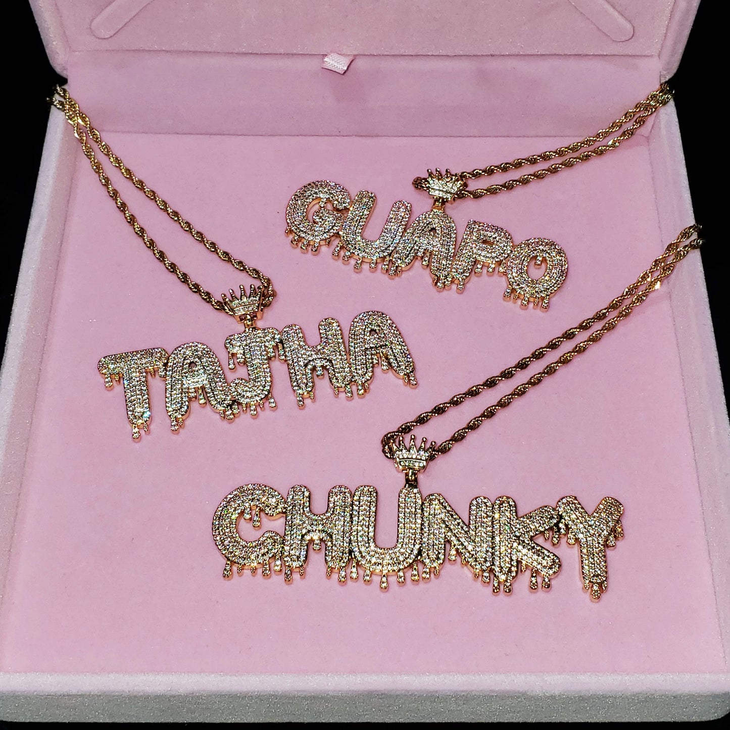 Royal Drip | Custom Name Crown Bail Drip Bubble Letter Pendant Necklace – Personalized Hip Hop Bling Gift