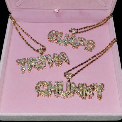 Royal Drip | Custom Name Crown Bail Drip Bubble Letter Pendant Necklace – Personalized Hip Hop Bling Gift
