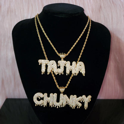 Royal Drip | Custom Name Crown Bail Drip Bubble Letter Pendant Necklace – Personalized Hip Hop Bling Gift