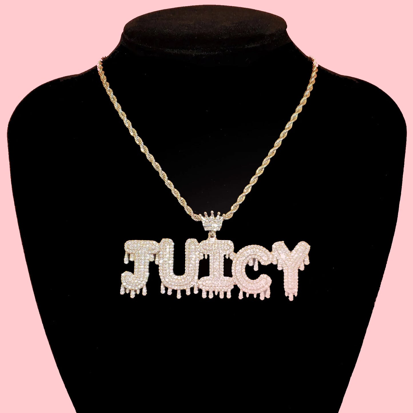 Royal Drip | Custom Name Crown Bail Drip Bubble Letter Pendant Necklace – Personalized Hip Hop Bling Gift