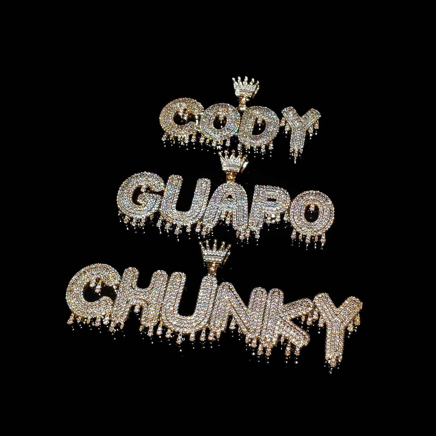Royal Drip | Custom Name Crown Bail Drip Bubble Letter Pendant Necklace – Personalized Hip Hop Bling Gift