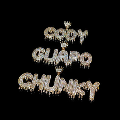 Royal Drip | Custom Name Crown Bail Drip Bubble Letter Pendant Necklace – Personalized Hip Hop Bling Gift
