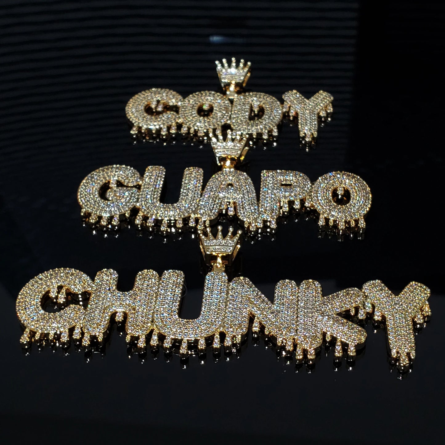 Royal Drip | Custom Name Crown Bail Drip Bubble Letter Pendant Necklace – Personalized Hip Hop Bling Gift