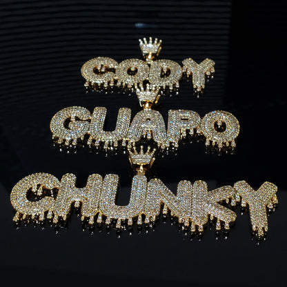 Royal Drip | Custom Name Crown Bail Drip Bubble Letter Pendant Necklace – Personalized Hip Hop Bling Gift