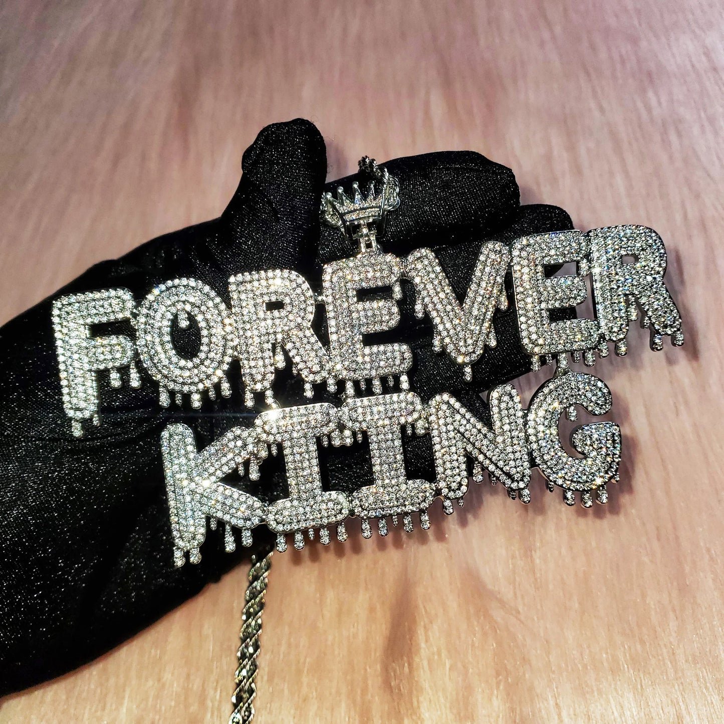Royal Drip | Custom Name Crown Bail Drip Bubble Letter Pendant Necklace – Personalized Hip Hop Bling Gift