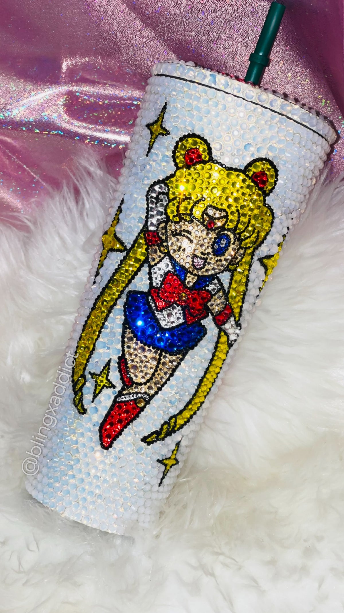 Chibi Sailor Moon Guardian Crystal Bling Tumbler| Sparkly Rhinestone Anime Cup | Handmade Kawaii Gift