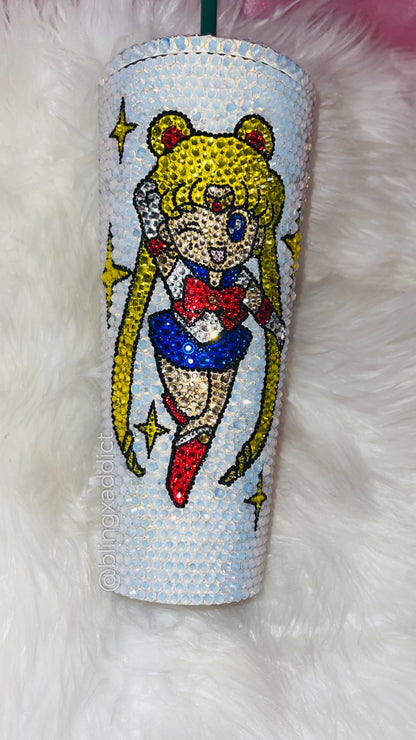 Chibi Sailor Moon Guardian Crystal Bling Tumbler| Sparkly Rhinestone Anime Cup | Handmade Kawaii Gift
