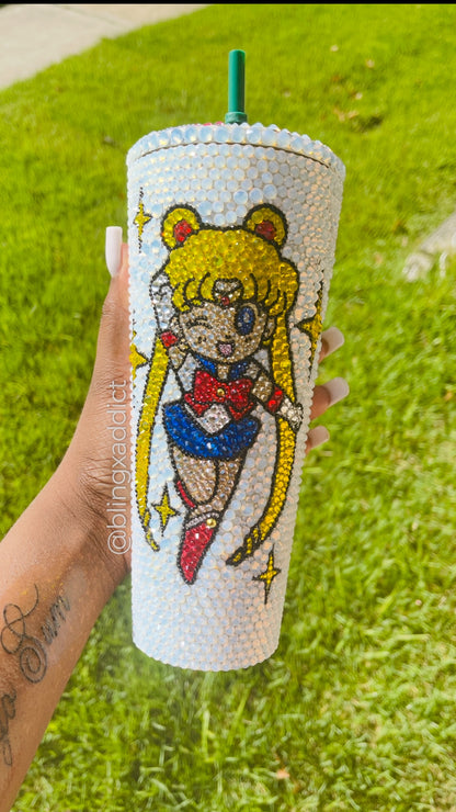 Chibi Sailor Moon Guardian Crystal Bling Tumbler| Sparkly Rhinestone Anime Cup | Handmade Kawaii Gift
