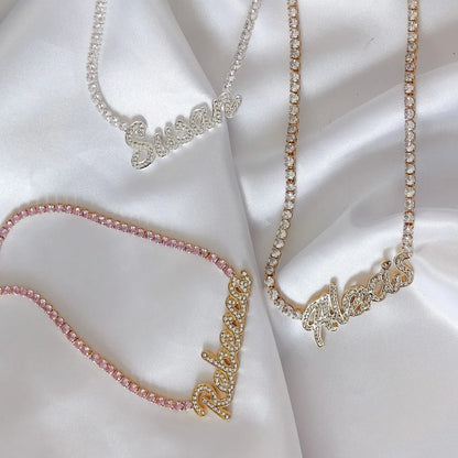 Signature Spark | Custom Dainty Tennis Name Necklace – Personalized Zircon Nameplate Necklace Gift for Her
