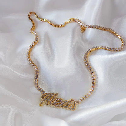 Signature Spark | Custom Dainty Tennis Name Necklace – Personalized Zircon Nameplate Necklace Gift for Her