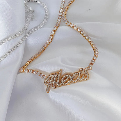 Signature Spark | Custom Dainty Tennis Name Necklace – Personalized Zircon Nameplate Necklace Gift for Her