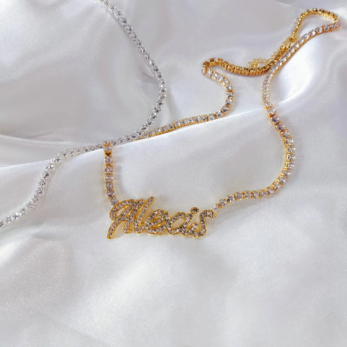 Signature Spark | Custom Dainty Tennis Name Necklace – Personalized Zircon Nameplate Necklace Gift for Her
