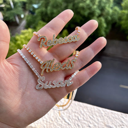 Signature Spark | Custom Dainty Tennis Name Necklace – Personalized Zircon Nameplate Necklace Gift for Her