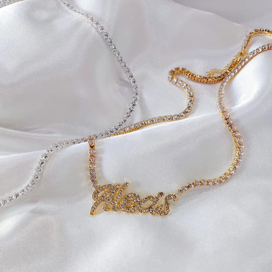 Signature Spark | Custom Dainty Tennis Name Necklace – Personalized Zircon Nameplate Necklace Gift for Her