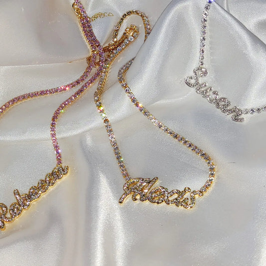 Signature Spark | Custom Dainty Tennis Name Necklace – Personalized Zircon Nameplate Necklace Gift for Her
