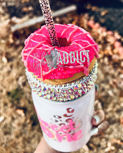 Sweet One Mason Jar Tumbler with Crystals | Bling Donut Cup | 16oz Insulated Metal Drinkware