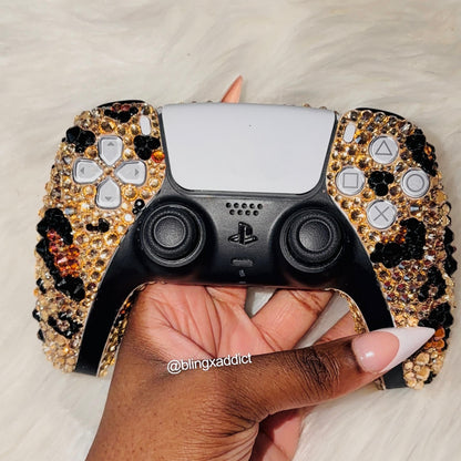 Leopard Print Luxe Bling PS5 Controller | Crystal Cheetah DualSense Controller | Bedazzled Gaming Controller