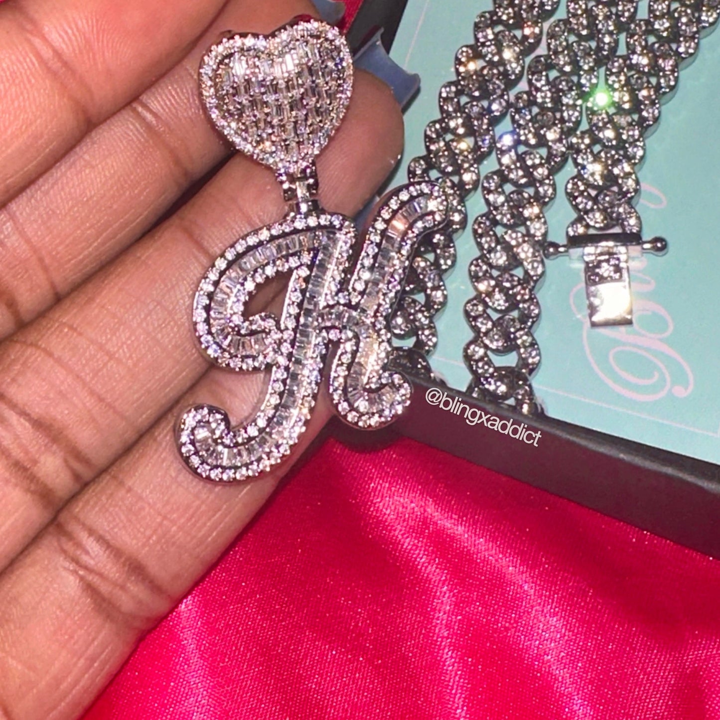 Memorized Love Scripted Personalized Heart Tennis Chain & Cuban Link Necklace Set