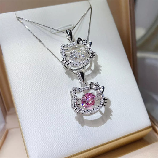 2 Carat Moissanite Cat Pendant Necklace | Platinum-Plated 925 Sterling Silver Cute Kawaii Pendant - Bling Addict