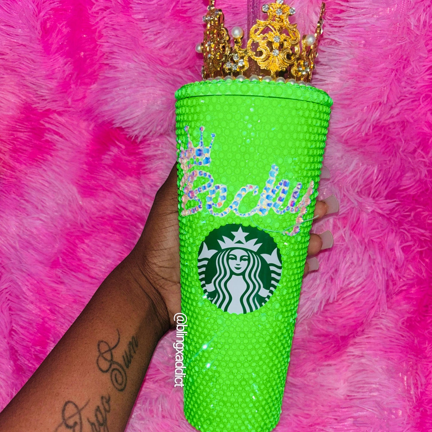 Queen Tingz - Neon Green Crown Crystal Starbucks Tumbler Cup