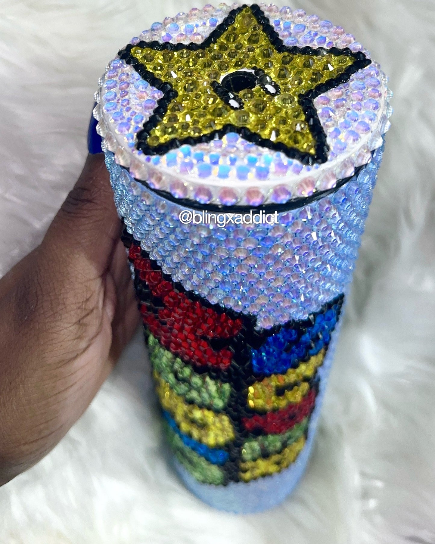 Super Mario World Crystal Bling Skinny Insulated Metal Rhinestone Tumbler Sippy Cup