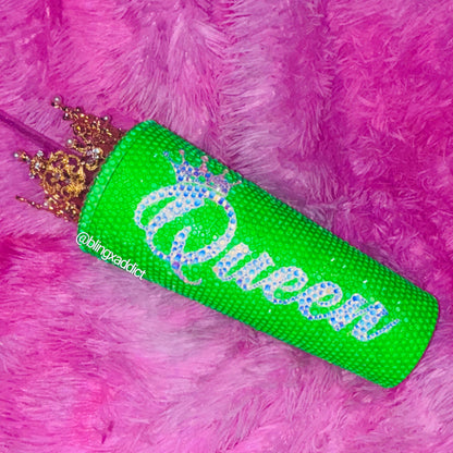 Queen Tingz - Neon Green Crown Crystal Starbucks Tumbler Cup