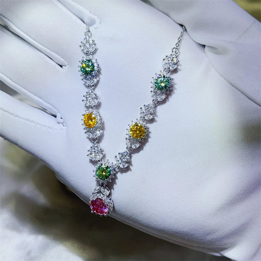 Celestial Garden 3.5 Carat Multicolor Moissanite Necklace | 925 Sterling Silver Halo Necklace - Bling Addict