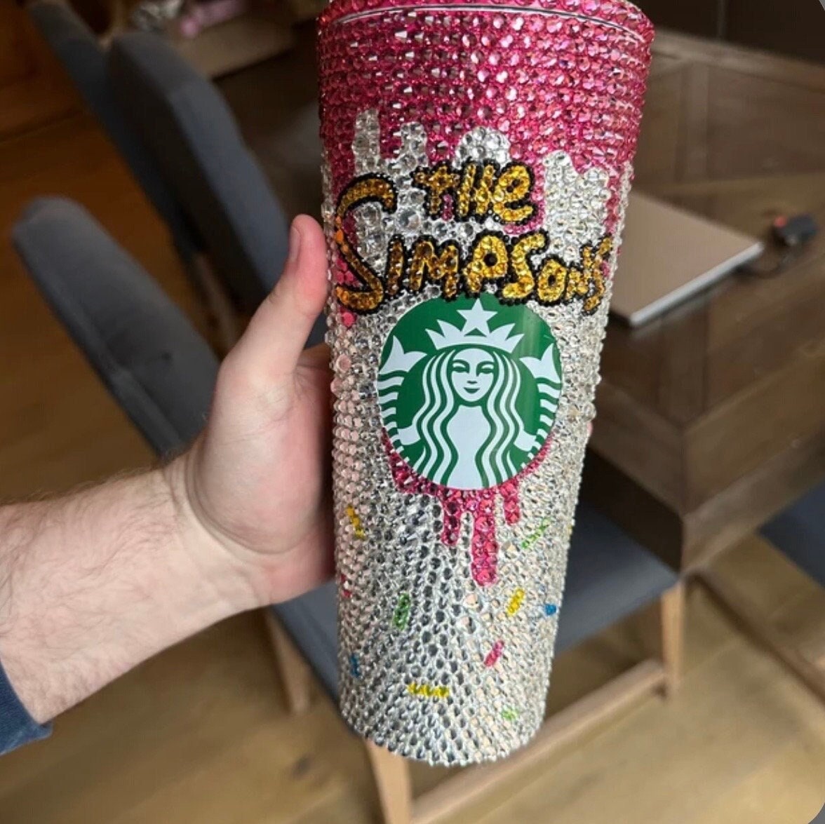 Simpsons Donut Lover Crystal Bedazzled Starbucks 24oz Tumbler Cold Cup