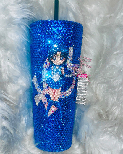 Chibi Magical Water Guardian Blue Crystal Bling Tumbler | Sparkly Rhinestone Anime Cup | Handmade Kawaii Gift