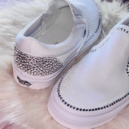 Custom Crystal Border Bling Vans Women’s Classic Slip-Ons